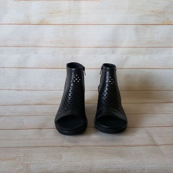 ECCO Freja Wedge Leather Sandal Bootie Ankle Boot Open Toe Laser Cut Black - Picture 4 of 16